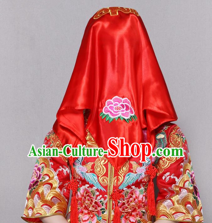 Traditional Ancient Chinese Wedding Embroidery Red Veil, Chinese Style Wedding Red Bridal Veil for Women