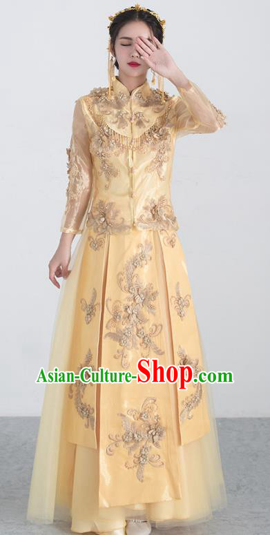Traditional Ancient Chinese Wedding Costume Handmade XiuHe Suits Embroidery Bride Toast Golden Cheongsam Dress, Chinese Style Hanfu Wedding Clothing for Women