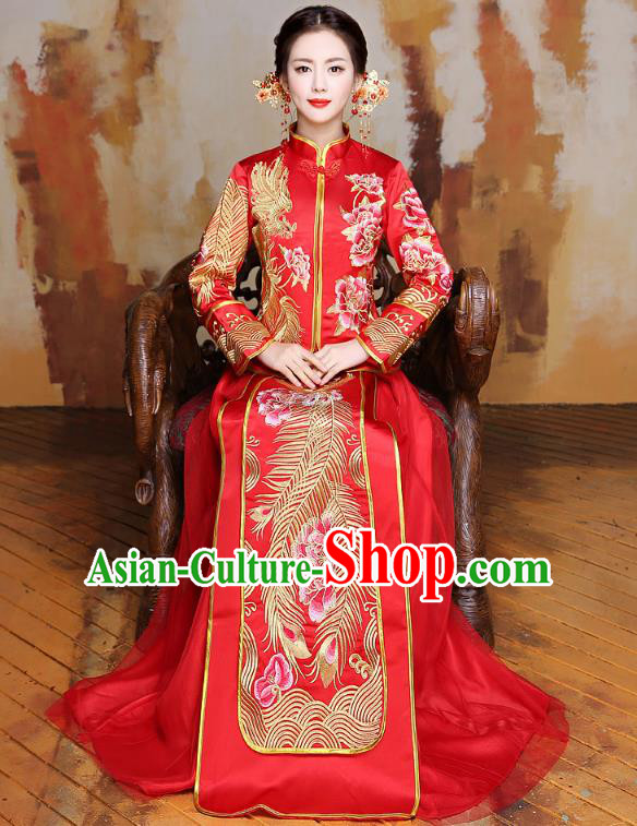 Traditional Ancient Chinese Wedding Costume Handmade XiuHe Suits Embroidery Peony Longfeng Gown Bride Toast Slim Cheongsam Dress, Chinese Style Hanfu Wedding Clothing for Women