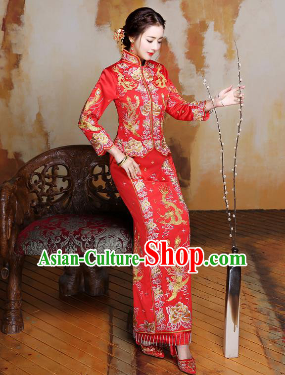 Traditional Ancient Chinese Wedding Costume Handmade XiuHe Suits Embroidery Phoenix Peony Longfeng Gown Bride Toast Slim Cheongsam Dress, Chinese Style Hanfu Wedding Clothing for Women