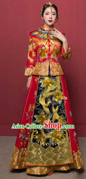 Traditional Ancient Chinese Wedding Costume Handmade XiuHe Suits Full Embroidery Phoenix Bride Toast Cheongsam Dress, Chinese Style Hanfu Wedding Clothing for Women