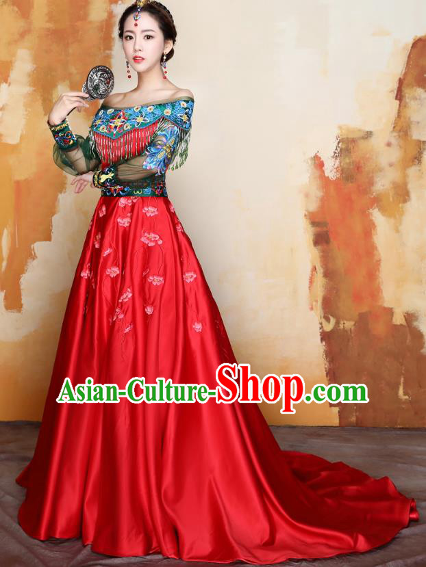 Traditional Ancient Chinese Wedding Costume Handmade XiuHe Suits Embroidery Peony Off Shoulder Dress Bride Toast Cheongsam, Chinese Style Hanfu Wedding Clothing for Women