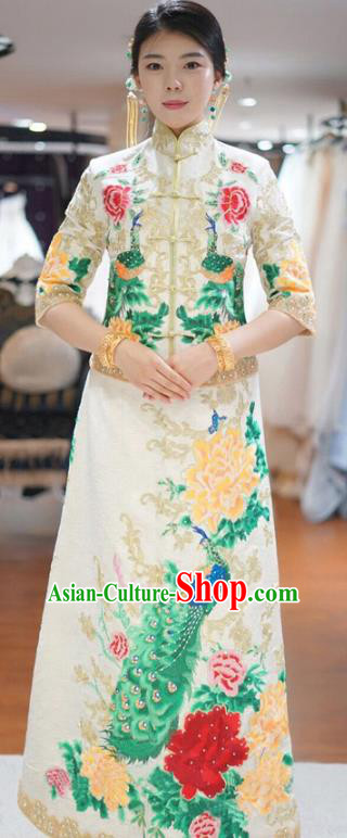 Traditional Ancient Chinese Wedding Costume Handmade XiuHe Suits Embroidery Peacock Dress Bride Toast Cheongsam, Chinese Style Hanfu Wedding Clothing for Women