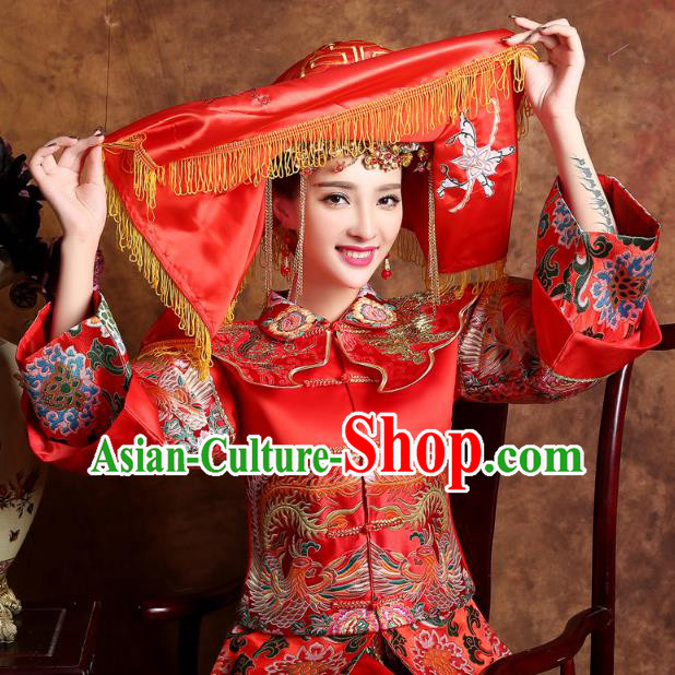 Traditional Ancient Chinese Wedding Embroidery Tassel Red Veil, Chinese Style Wedding Red Bridal Veil for Women