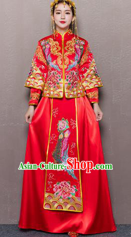 Traditional Ancient Chinese Wedding Costume Handmade Delicacy Embroidery Phoenix Peony Dress Xiuhe Suits, Chinese Style Wedding Dress Red Flown Bride Toast Cheongsam for Women