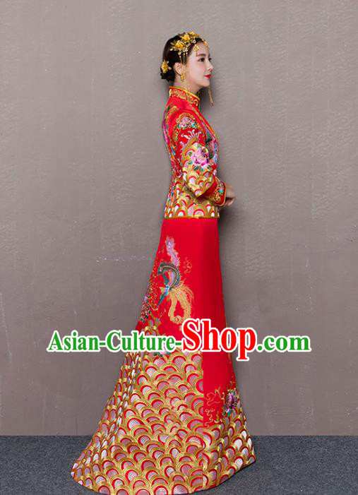 Traditional Ancient Chinese Wedding Costume Handmade Delicacy Embroidery Phoenix Peony Trailing Dress Xiuhe Suits, Chinese Style Wedding Dress Red Flown Bride Toast Cheongsam for Women