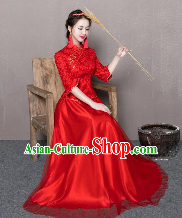 Traditional Ancient Chinese Wedding Costume Handmade Delicacy Embroidery Plated Buttons XiuHe Suits, Chinese Style Wedding Dress Flown Bride Toast Cheongsam for Women