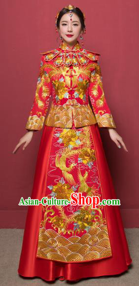 Traditional Ancient Chinese Wedding Costume Handmade Delicacy Embroidery Dragon and Phoenix XiuHe Suits, Chinese Style Wedding Dress Flown Bride Toast Cheongsam for Women