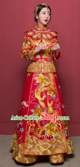 Traditional Ancient Chinese Wedding Costume Handmade Delicacy Full Embroidery Dragon and Phoenix XiuHe Suits, Chinese Style Wedding Dress Flown Bride Toast Cheongsam for Women