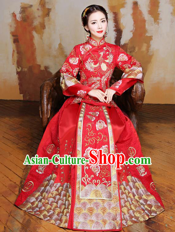 Traditional Ancient Chinese Wedding Costume Handmade Delicacy Full Embroidery Peony Phoenix XiuHe Suits, Chinese Style Wedding Dress Flown Bride Toast Cheongsam for Women