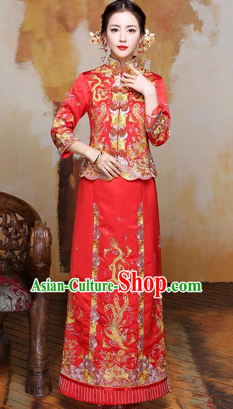 Traditional Ancient Chinese Wedding Costume Handmade Delicacy Embroidery Phoenix XiuHe Suits, Chinese Style Wedding Dress Flown Bride Toast Cheongsam for Women