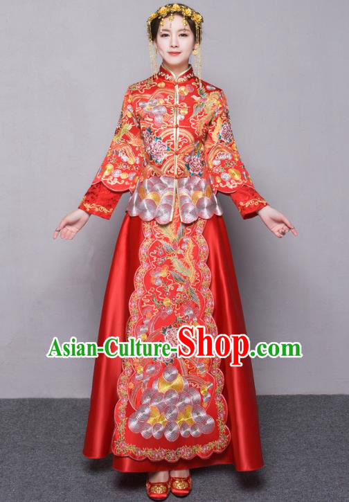 Traditional Ancient Chinese Wedding Costume Handmade Delicacy Embroidery Slim Longfeng Flown XiuHe Suits, Chinese Style Hanfu Wedding Dress Bride Toast Cheongsam for Women