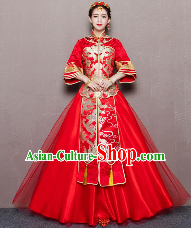 Traditional Ancient Chinese Wedding Costume Handmade Delicacy Embroidery Red Veil Dress Xiuhe Suits, Chinese Style Wedding Flown Bride Toast Cheongsam for Women