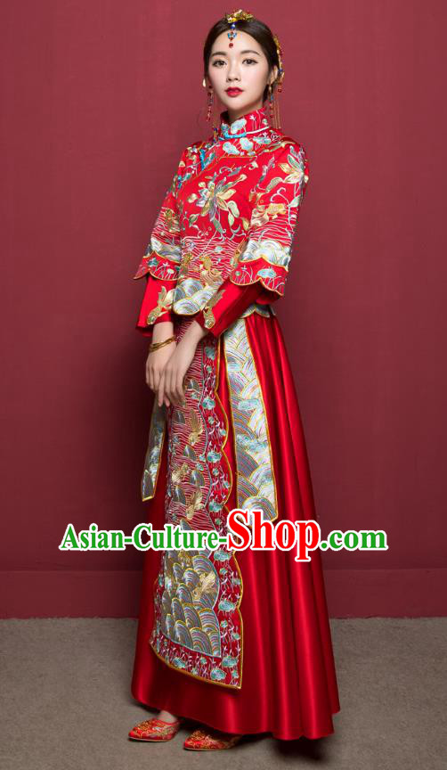 Traditional Ancient Chinese Wedding Costume Handmade Delicacy Embroidery Phoenix Slim Flown XiuHe Suits, Chinese Style Hanfu Wedding Dress Bride Toast Cheongsam for Women