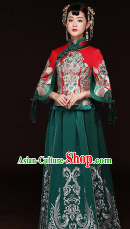 Traditional Ancient Chinese Wedding Costume Handmade Delicacy Embroidery Phoenix XiuHe Suits Green Dress, Chinese Style Hanfu Wedding Bride Toast Cheongsam for Women