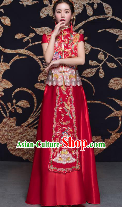 Traditional Ancient Chinese Wedding Costume Handmade Delicacy Embroidery Phoenix XiuHe Suits Short Sleeve Plated Buttons Dress, Chinese Style Hanfu Wedding Bride Toast Cheongsam for Women