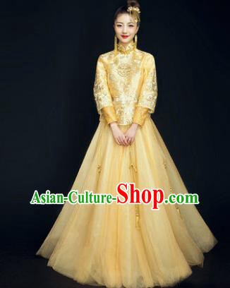Traditional Ancient Chinese Wedding Costume Handmade Delicacy Embroidery Phoenix XiuHe Suits Yellow Plated Buttons Dress, Chinese Style Hanfu Wedding Bride Toast Cheongsam for Women