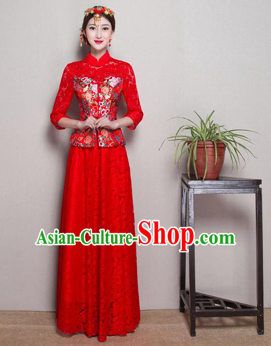 Traditional Ancient Chinese Wedding Costume Handmade Delicacy Embroidery Phoenix XiuHe Suits Slim Middle Sleeve Red Lace Dress, Chinese Style Hanfu Wedding Bride Toast Cheongsam for Women