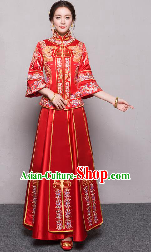 Traditional Ancient Chinese Wedding Costume Handmade Delicacy Embroidery Phoenix Peony Red XiuHe Suits, Chinese Style Hanfu Wedding Bride Toast Cheongsam for Women