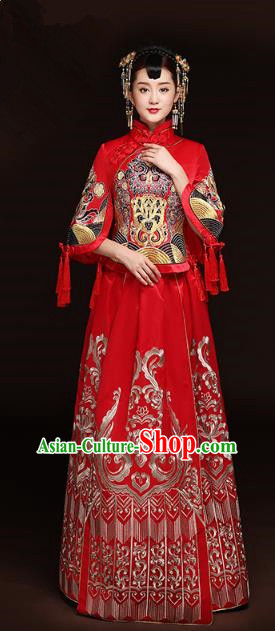 Traditional Ancient Chinese Wedding Costume Handmade Delicacy Full Embroidery Phoenix Peony Red XiuHe Suits, Chinese Style Hanfu Wedding Bride Toast Cheongsam for Women
