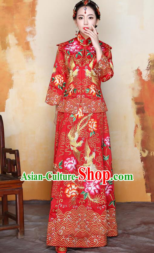 Traditional Ancient Chinese Wedding Costume Handmade Delicacy Embroidery Peony XiuHe Suits, Chinese Style Hanfu Wedding Bride Toast Cheongsam for Women