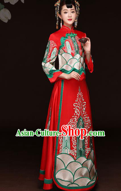 Traditional Ancient Chinese Wedding Costume Handmade Delicacy Embroidery Bride XiuHe Suits Red Full Dress, Chinese Style Hanfu Wedding Toast Cheongsam for Women