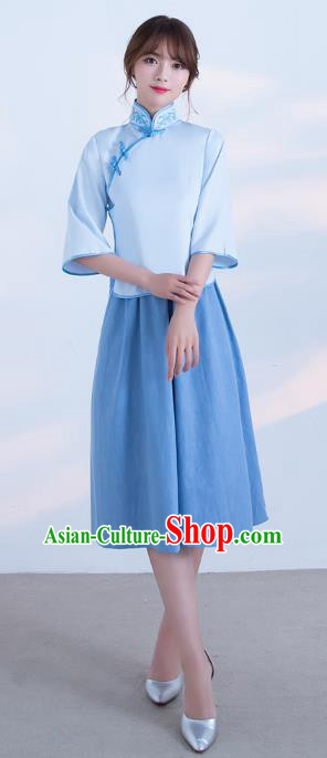 Traditional Ancient Chinese Wedding Costume Handmade Delicacy Plated Buttons Qipao Dress, Chinese Style Hanfu Wedding Blue Cheongsam for Women