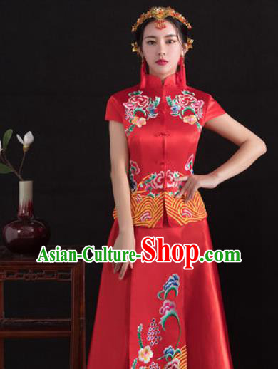 Traditional Ancient Chinese Wedding Costume Handmade Delicacy Full Embroidery Peony Short Sleeve XiuHe Suits, Chinese Style Hanfu Wedding Bride Toast Cheongsam for Women