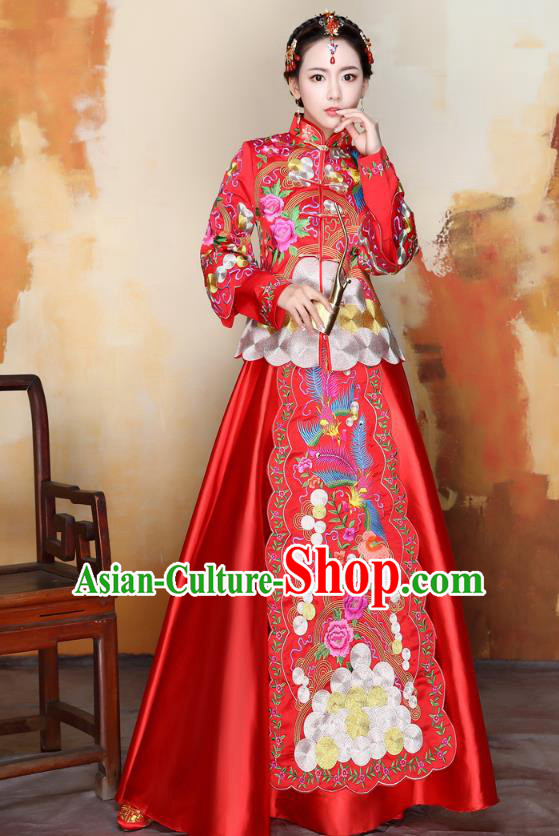 Traditional Ancient Chinese Wedding Costume Handmade Delicacy Colorful Embroidery Phoenix Peony Red Trailing XiuHe Suits, Chinese Style Hanfu Wedding Bride Toast Cheongsam for Women