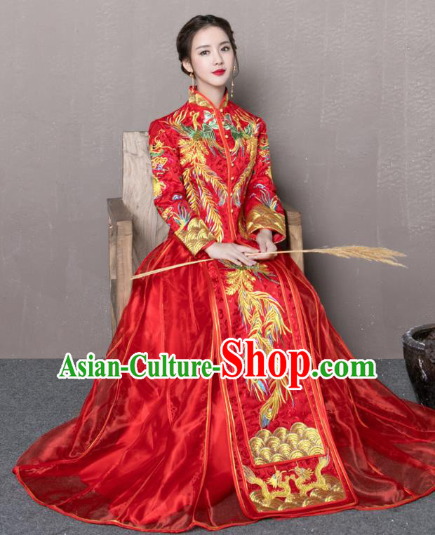 Traditional Ancient Chinese Wedding Costume Handmade Delicacy Embroidery Phoenix Peony Red XiuHe Suits, Chinese Style Hanfu Wedding Toast Cheongsam for Women