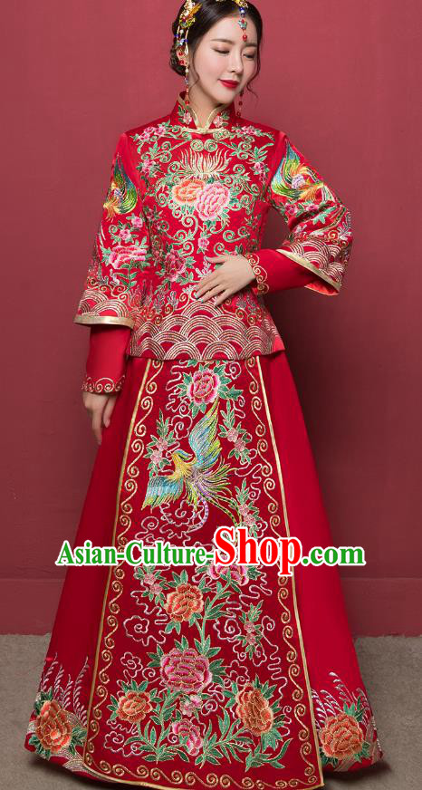 Traditional Ancient Chinese Wedding Costume Handmade Delicacy Embroidery Phoenix Peony XiuHe Suits, Chinese Style Hanfu Wedding Toast Cheongsam for Women