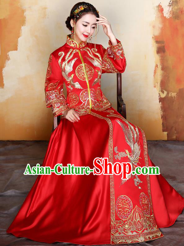 Traditional Ancient Chinese Wedding Costume Handmade Delicacy Embroidery Phoenix XiuHe Suits Longfeng Flown, Chinese Style Hanfu Wedding Toast Cheongsam for Women