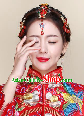 Traditional Handmade Chinese Ancient Classical Hair Accessories Bride Wedding Tassel Red Hair Clasp, Xiuhe Suit Hair Jewellery Hair Fascinators Hairpins for Women