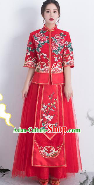 Traditional Ancient Chinese Wedding Costume Handmade Delicacy Embroidery Peony XiuHe Suits Longfeng Flown, Chinese Style Hanfu Wedding Toast Cheongsam for Women