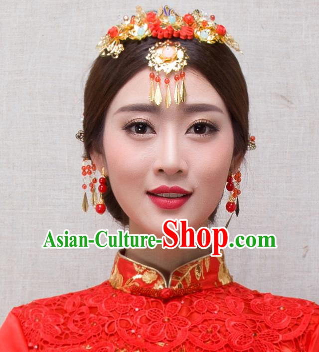 Traditional Handmade Chinese Ancient Classical Hair Accessories Complete Set Bride Wedding Barrettes and Earrings, Xiuhe Suit Hair Jewellery Hair Fascinators Hairpins for Women