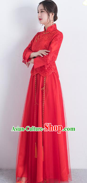 Traditional Ancient Chinese Wedding Costume Handmade Delicacy Embroidery Red Veil XiuHe Suits, Chinese Style Hanfu Wedding Bride Toast Cheongsam for Women