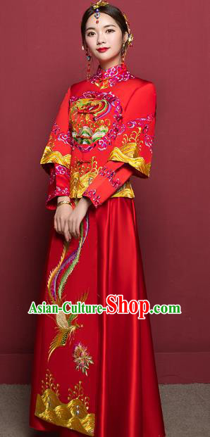Traditional Ancient Chinese Wedding Costume Handmade Delicacy Embroidery Colorful Phoenix XiuHe Suits, Chinese Style Hanfu Wedding Bride Toast Cheongsam for Women