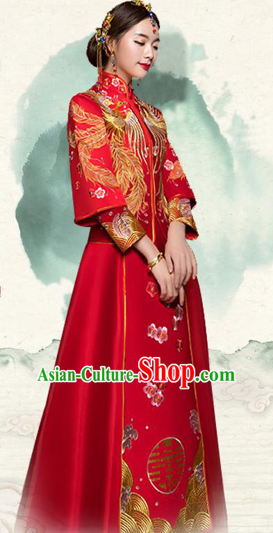 Traditional Ancient Chinese Wedding Costume Handmade Delicacy Embroidery Phoenix Long Sleeve XiuHe Suits, Chinese Style Hanfu Wedding Bride Toast Cheongsam for Women