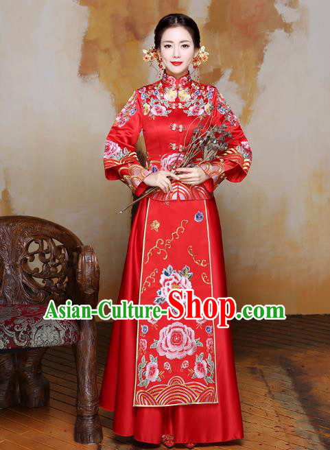 Traditional Ancient Chinese Wedding Costume Handmade Delicacy XiuHe Suits Embroidery Peony Bottom Drawer, Chinese Style Hanfu Wedding Bride Toast Cheongsam for Women