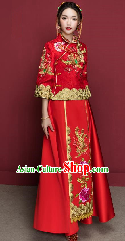 Traditional Ancient Chinese Wedding Costume Handmade Delicacy XiuHe Suits Embroidery Peony Seven Sleeve Cheongsam Palace Bottom Drawer, Chinese Style Hanfu Wedding Bride Hanfu Clothing for Women
