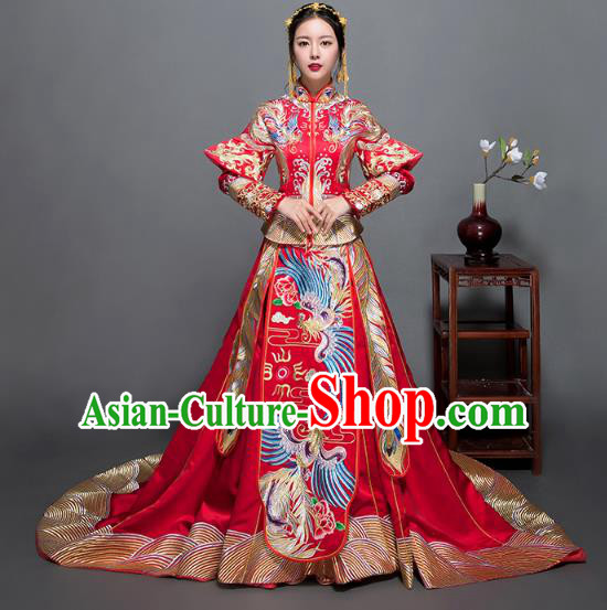 Traditional Ancient Chinese Wedding Costume Handmade Delicacy XiuHe Suits Embroidery Phoenix Palace Trailing Bottom Drawer Cheongsam Dress, Chinese Style Hanfu Wedding Bride Hanfu Clothing for Women