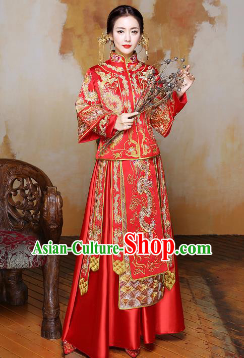 Traditional Ancient Chinese Wedding Costume Handmade Delicacy Embroidery Dragon XiuHe Suits, Chinese Style Hanfu Wedding Bride Toast Cheongsam for Women