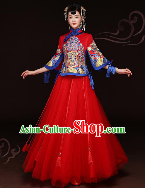 Traditional Ancient Chinese Wedding Costume Handmade Delicacy Embroidery XiuHe Suits Red Bottom Drawer, Chinese Style Hanfu Wedding Bride Toast Cheongsam for Women