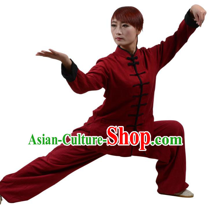 Top Kung Fu Linen Costume Martial Arts Costume Kung Fu Training Clothing, Tai Ji Plated Buttons Wine Red Uniform Gongfu Wushu Clothing for Women for Men
