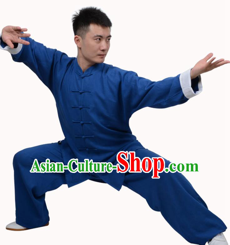Top Martial Arts Costume Kung Fu Training Clothing, Tai Ji Plated Buttons Blue Uniform Gongfu Wushu Costume  for Women for Men