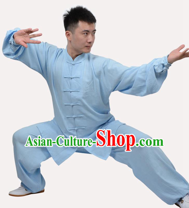 Top Grade Linen Martial Arts Costume Kung Fu Training Clothing, Tai Ji Embroidery Blue Uniform Gongfu Wushu Costume  for Women for Men