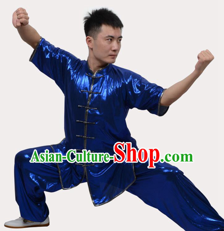 Top Grade Linen Martial Arts Costume Kung Fu Training Plated Buttons Clothing, Tai Ji Southern Fist Blue Uniform Gongfu Wushu Costume for Women for Men