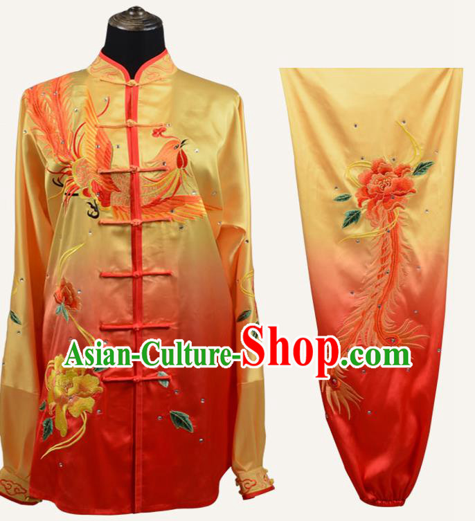 Top Grade Martial Arts Costume Kung Fu Training Embroidery Phoenix Plated Buttons Yellow Clothing, Tai Ji Uniform Gongfu Wushu Costume for Women