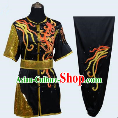 Top Grade Martial Arts Costume Kung Fu Training Embroidery Black Clothing, Long Fist Tai Ji Uniform Gongfu Wushu Costume for Women for Men
