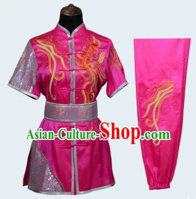 Top Grade Linen Martial Arts Costume Kung Fu Training Long Fist Clothing, Tai Ji Rosy Embroidery Uniform Gongfu Wushu Costume for Women for Men